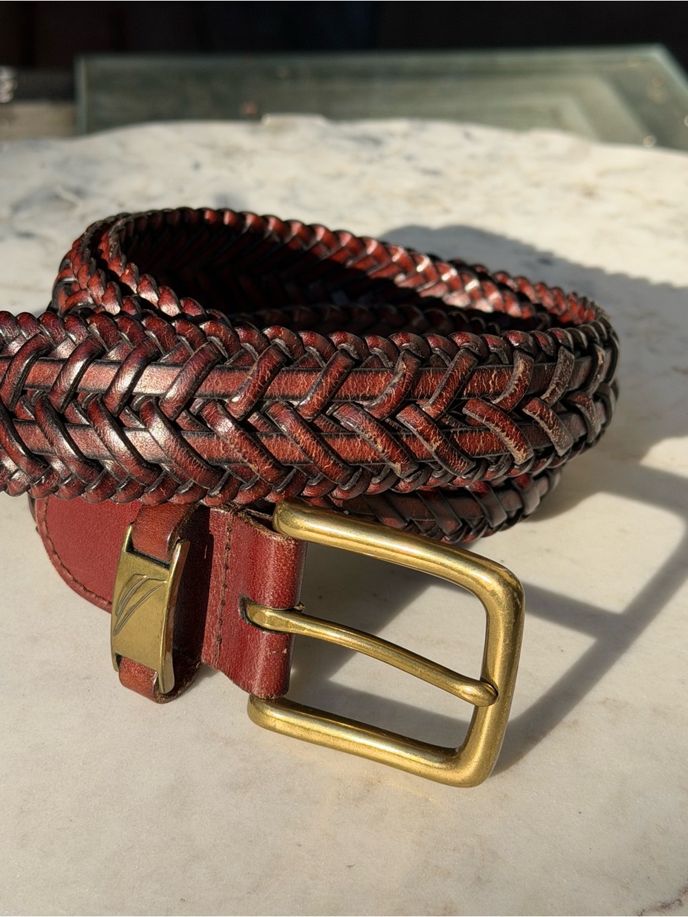 Nautica Braided Leather Belt in Brown with Brass Buckle